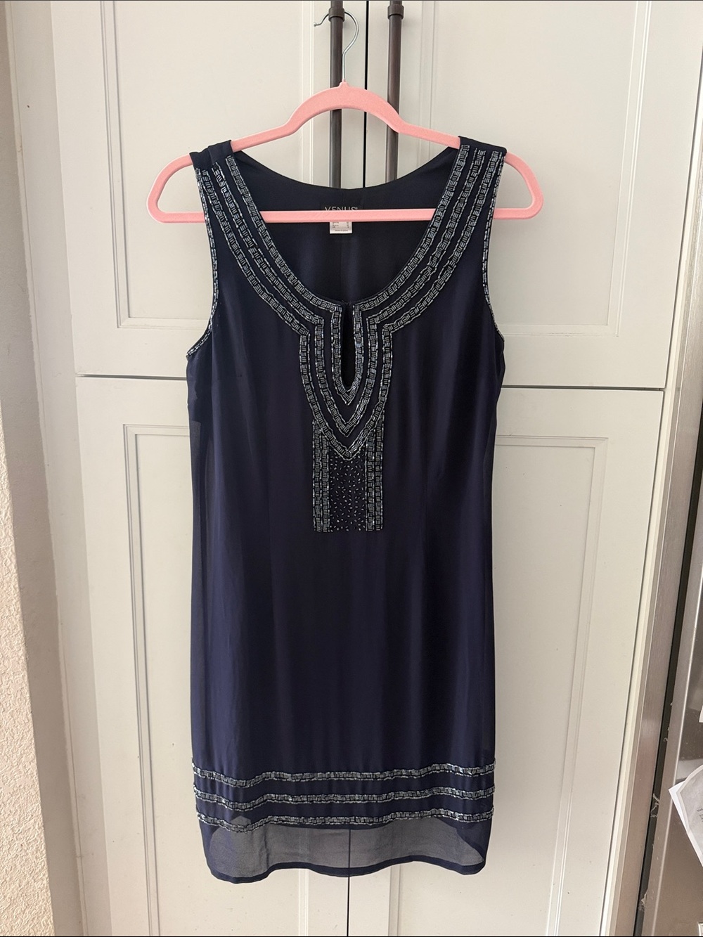 VENUS Navy Beaded Sleeveless Midi Dress